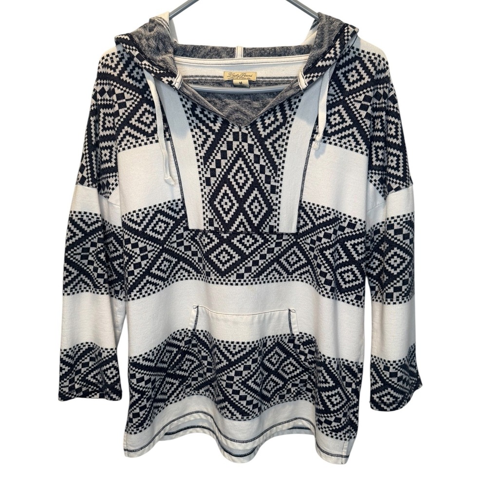 Lucky Brand Womens Black‎ White Geometric Tribal Knit Hooded Sweatshirt M